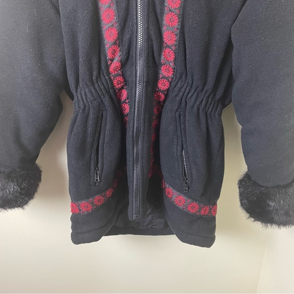 Rothschild Faux Fur Cuff & Hood Fair Isle Black Coat SZ Medium - Picture 14 of 16